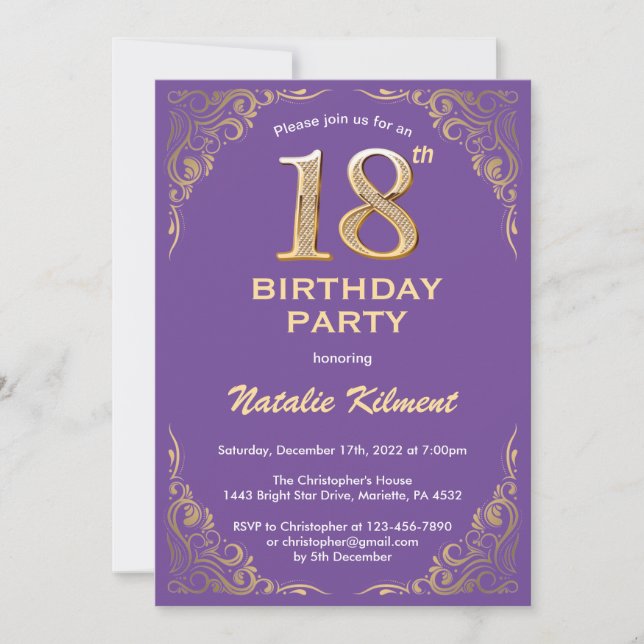 Invitation 18e anniversaire Parties scintillant violet et or  (Devant)