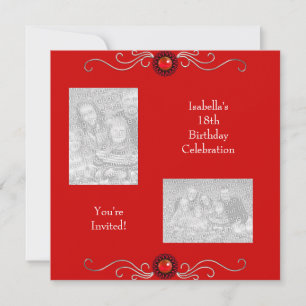 Invitation 18e anniversaire Photos Argent Rouge Bijou Trim