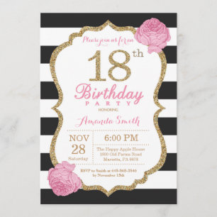 Invitation 18e anniversaire Pink Black Gold Floral