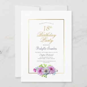 Invitation 18e anniversaire Pink Blue Floral Gold Party