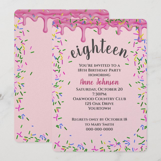 Invitation 18e Anniversaire Pink Icing Et Sprinkles (Devant / Derrière)