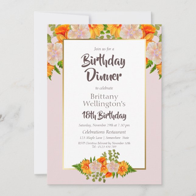 Invitation 18e anniversaire Pink Orange Gold Floral Party (Devant)