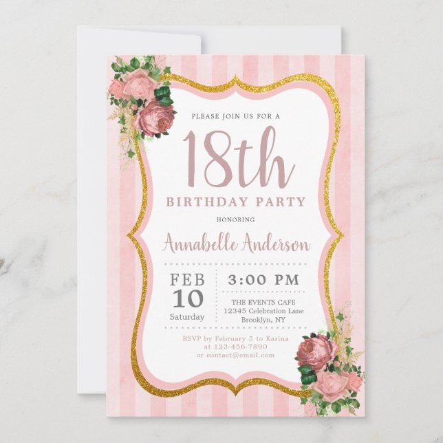 Invitation 18e anniversaire Pink Stripe Floral Gold Parties s (Devant)