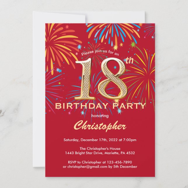 Invitation 18e anniversaire Red and Gold Rainbow Fireworks (Devant)