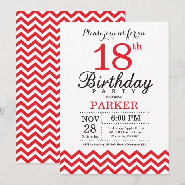 Invitation 18e anniversaire Red Chevron (Devant / Derrière)