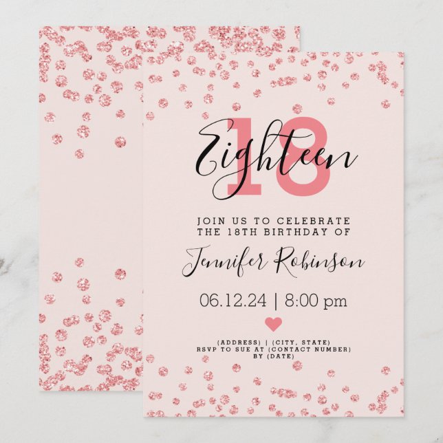 Invitation 18e anniversaire Rose de fête Gold Glam Parties sc (Devant / Derrière)
