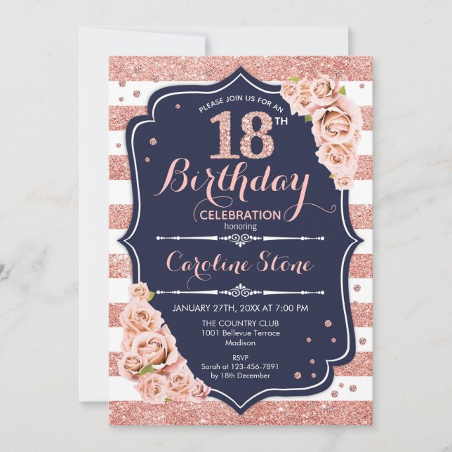 Invitation 18e anniversaire - Rose de la marine Gold et White (Devant)