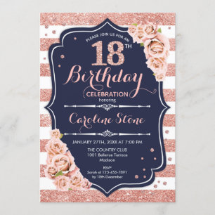Invitation 18e anniversaire - Rose de la marine Gold et White