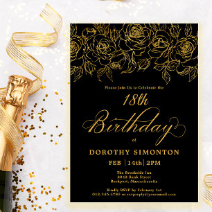 Invitation 18e anniversaire Rose d'or Floral Black