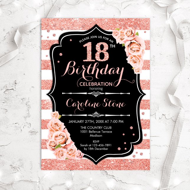 Invitation 18e anniversaire Rose noir Gold et Blancs (Créateur téléchargé)