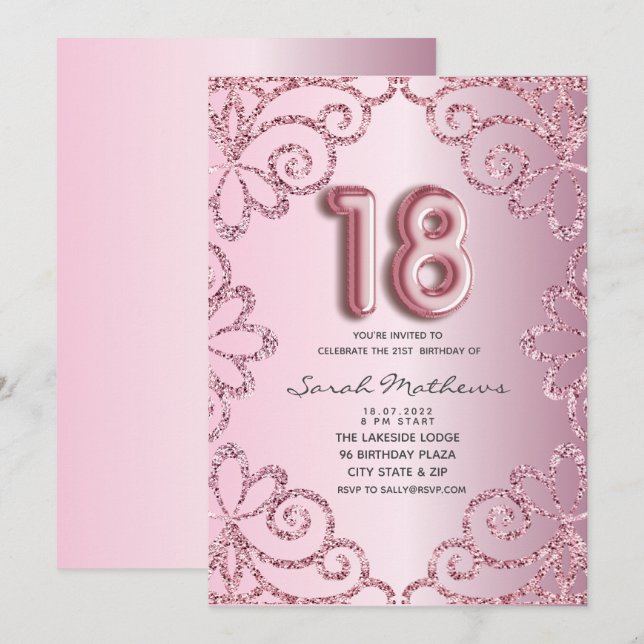 Invitation 18e Anniversaire Rose Pailleté Princesse  (Devant / Derrière)
