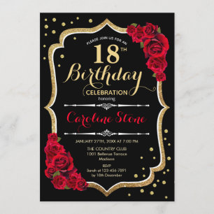 Invitation 18e anniversaire - Roses rouges noires d'or