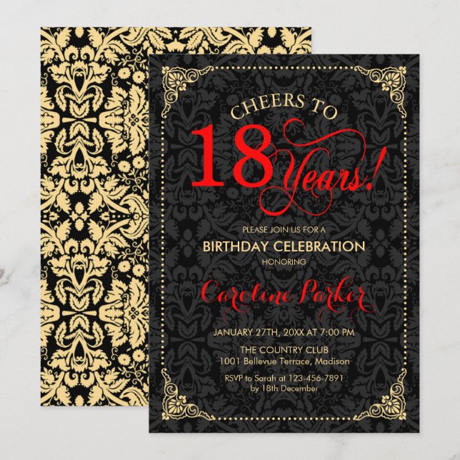 Invitation 18e anniversaire - Rouge Gold Black Damask (Devant / Derrière)