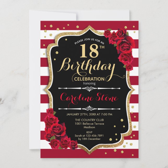 Invitation 18e anniversaire - Rouge or Noir Blancs Rose (Devant)