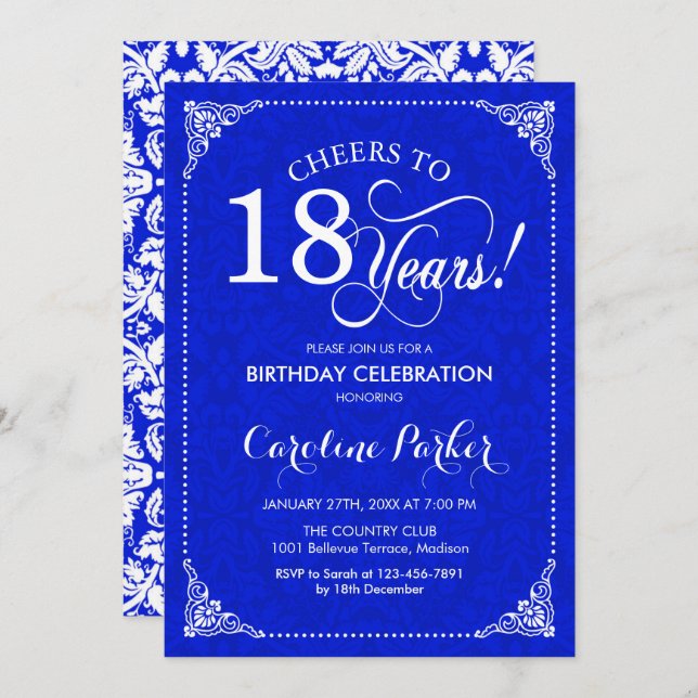 Invitation 18e anniversaire - Royal Blue White Damask (Devant / Derrière)