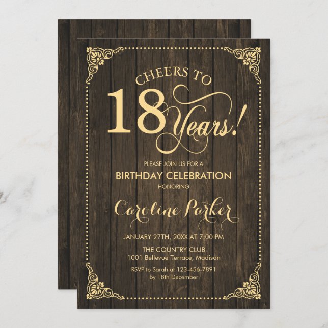 Invitation 18e anniversaire - Rustic Wood Gold (Devant / Derrière)