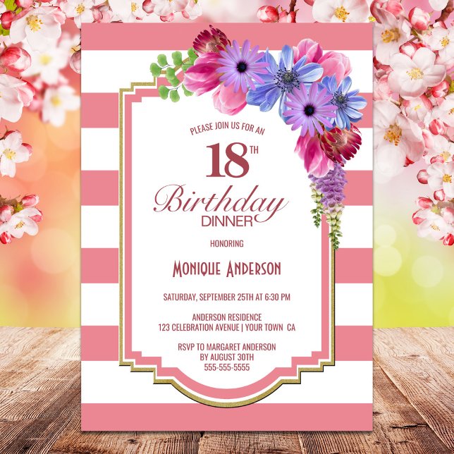 Invitation 18e anniversaire Soirée florale rayée rose (Créateur téléchargé)