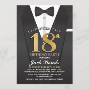 Invitation 18e anniversaire Spy Suit Black cravate Gold Invit