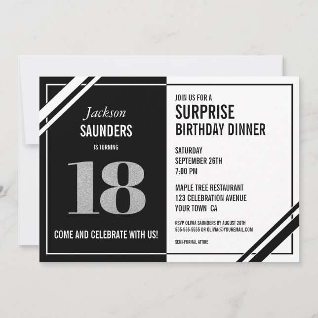 Invitation 18e anniversaire surpris Dîner noir blanc moderne (Devant)
