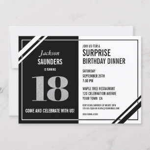 Invitation 18e anniversaire surpris Dîner noir blanc moderne