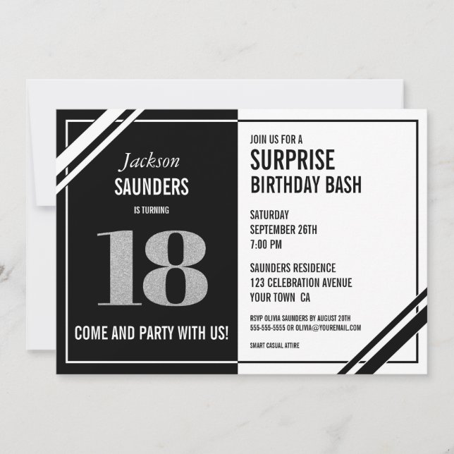 Invitation 18e anniversaire surprise Bash moderne noir et bla (Devant)
