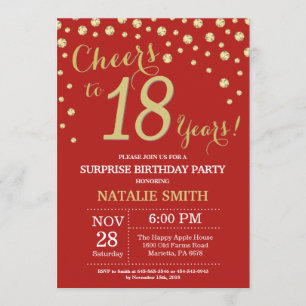 Invitation 18e anniversaire surprise Diamant rouge et or