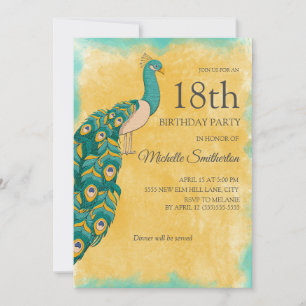 Invitation 18e anniversaire Turquoise Aquarelle jaune Peacock