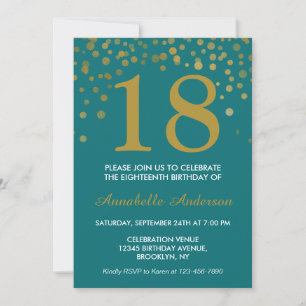 Invitation 18e anniversaire Turquoise or Confetti Dot moderne