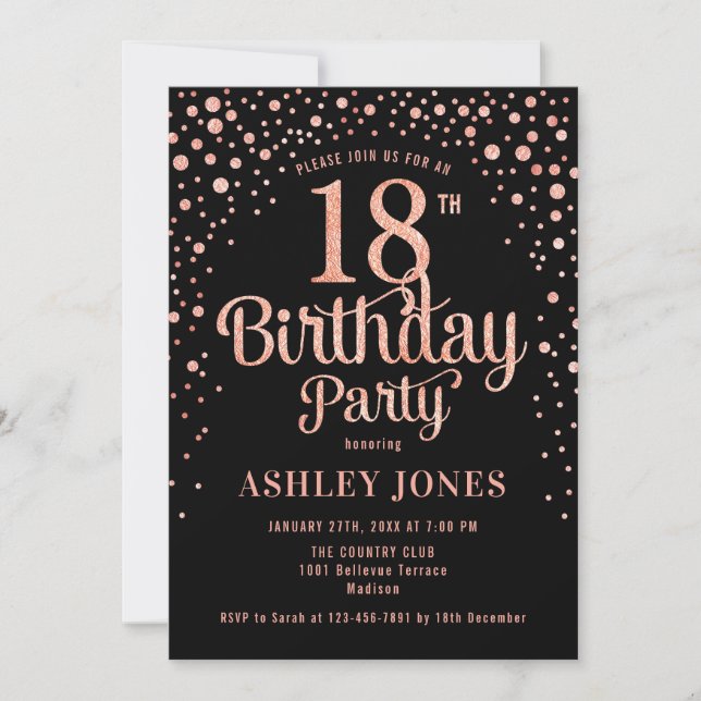 Invitation 18e fête d'anniversaire - Black & Rose Gold (Devant)