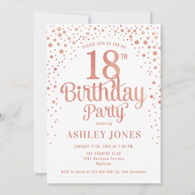 Invitation 18e fête d'anniversaire - Blanc & Rose Gold (Devant)