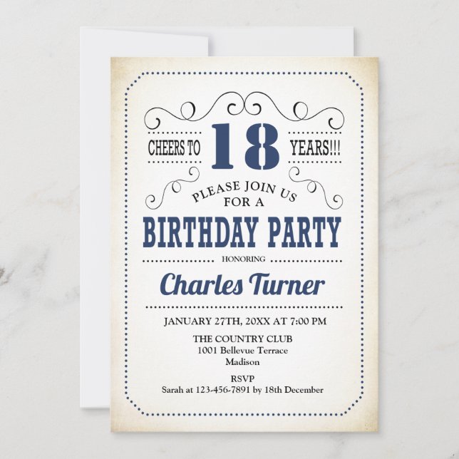 Invitation 18e fête d'anniversaire - Retro Creamy White and N (Devant)