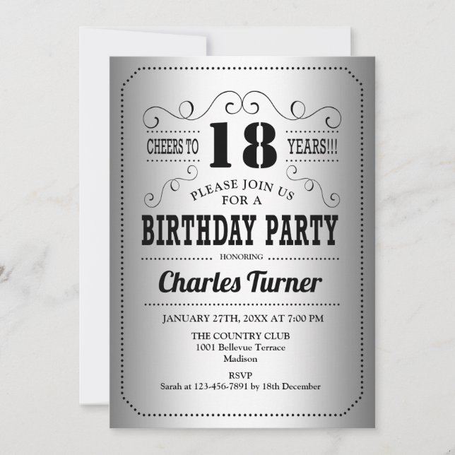 Invitation 18e fête d'anniversaire - Retro Silver Black (Devant)