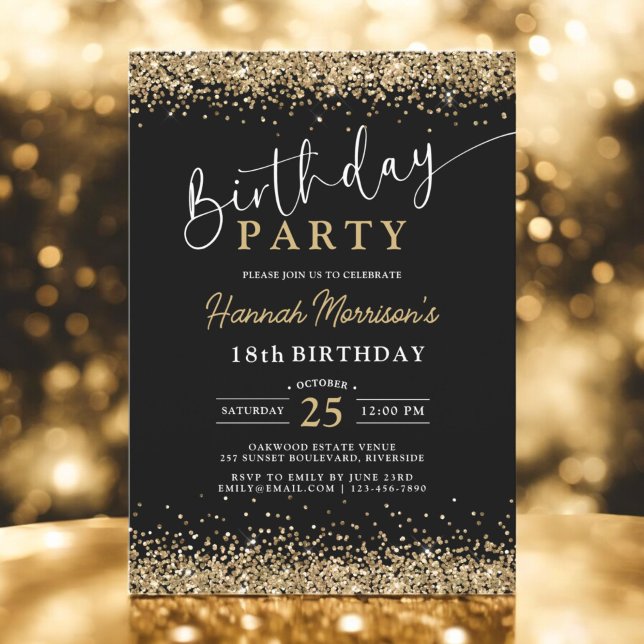 Invitation 18e Parties scintillant Black Gold à la mode n'imp (Créateur téléchargé)