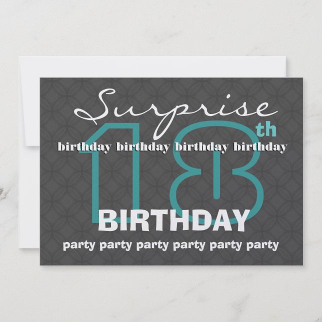 Invitation 18e SURPRISE Anniversaire Charbon Turquoise modern (Devant)