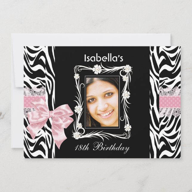 Invitation 18ème Ado Anniversaire Fête Rose Noir Blanc Zèbre (Devant)