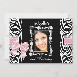 Invitation 18ème Ado Anniversaire Fête Rose Noir Blanc Zèbre