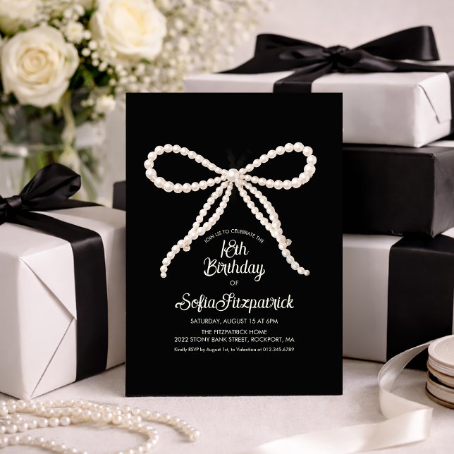 Invitation 18th Birthday Party Black White Pearl Bow (Créateur téléchargé)