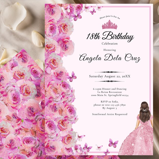 Invitation 18th birthday Pink Roses and Dress Debut (Créateur téléchargé)