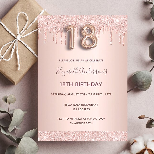 Invitation 18th birthday rose gold glitter drips pink glam (Créateur téléchargé)