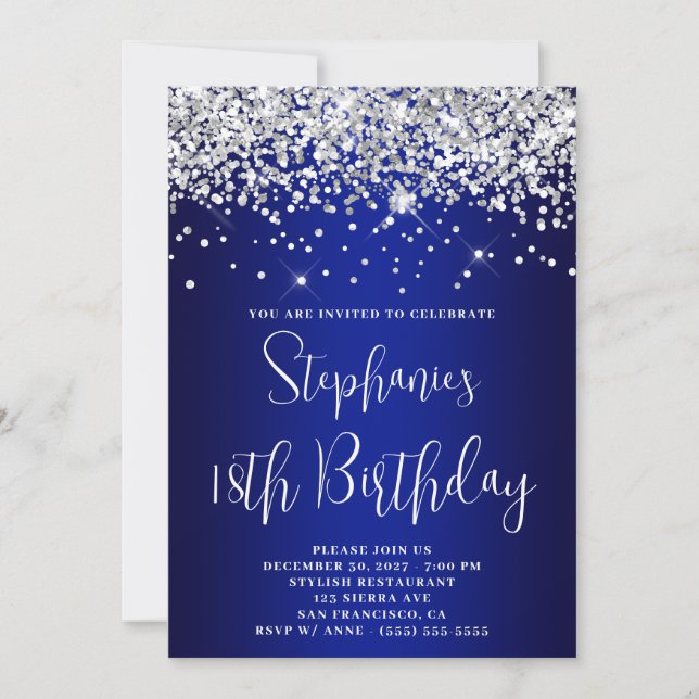 Invitation 18th Birthday Silver Glitter Royal Blue Navy Ombre (Devant)