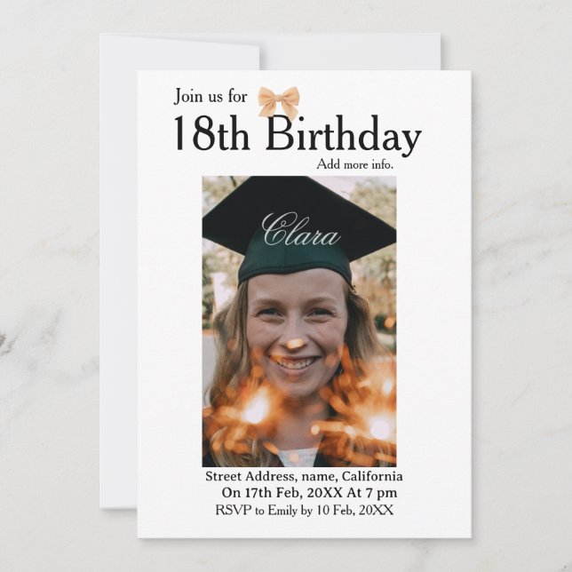 Invitation 18th birthday simple minimal bow white photo name (Devant)