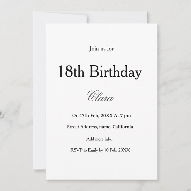 Invitation 18th birthday simple name minimal black white  (Devant)