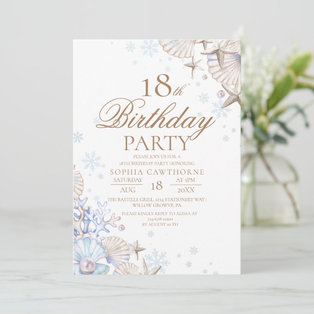 Invitation 18th Birthday Winter Beach Shells Party (Debout devant)