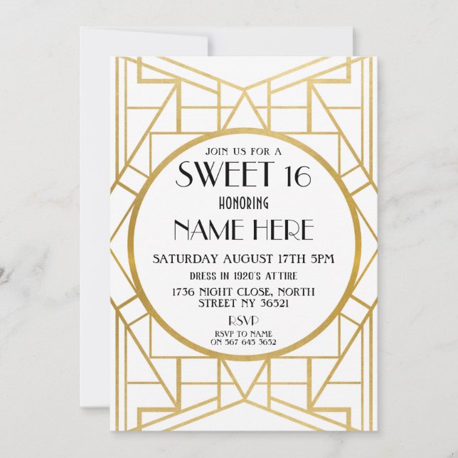 Invitation 1920 Art Déco Anniversaire Sweet 16 Gatsby Party (Devant)