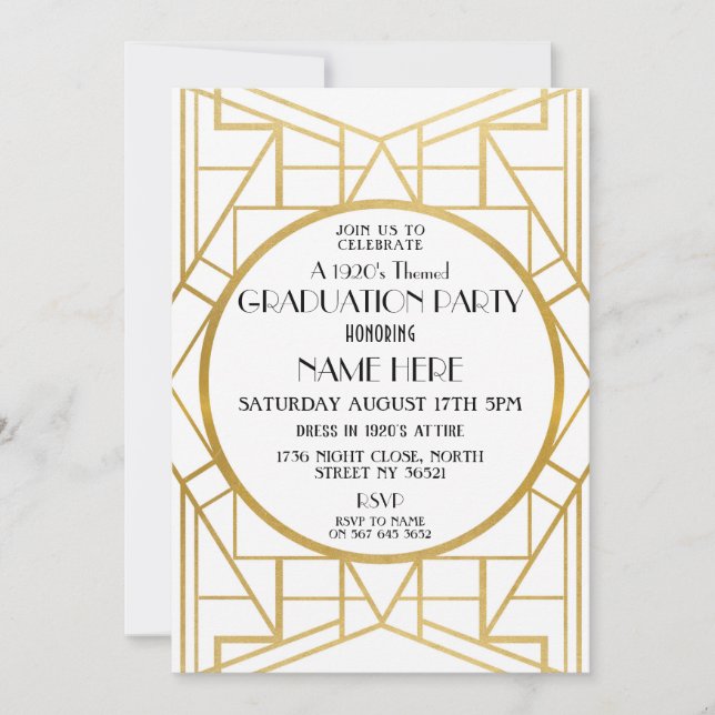 Invitation 1920 Art Déco Graduation Party Gatsby Gold Invitat (Devant)