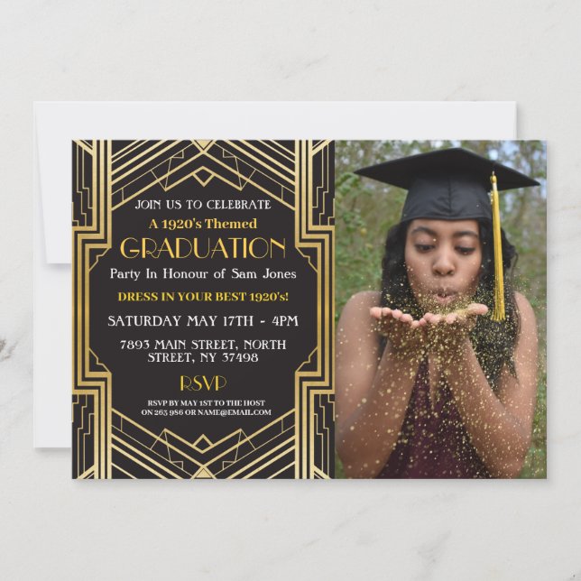 Invitation 1920 Art Déco Graduation Photo Gatsby Party Gold (Devant)