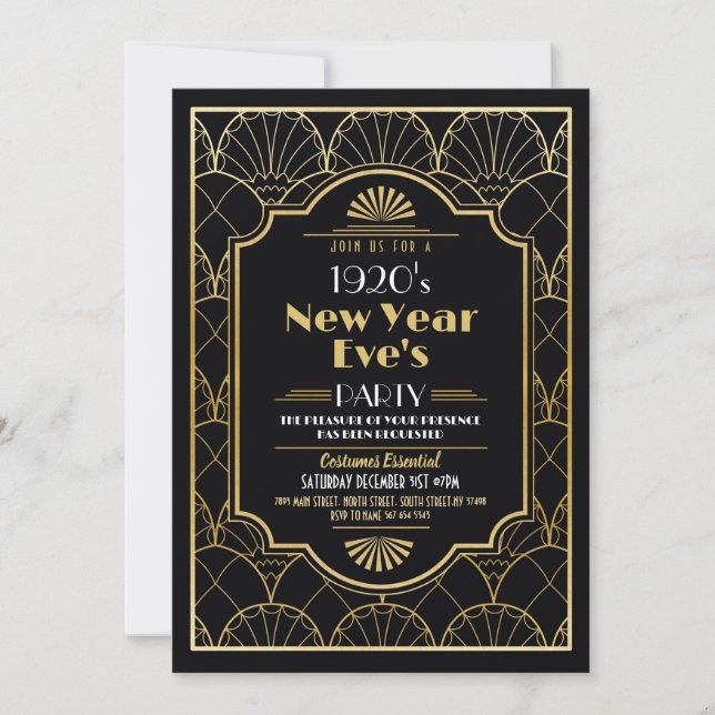 Invitation 1920 New Year Party Art déco Black Gold (Devant)