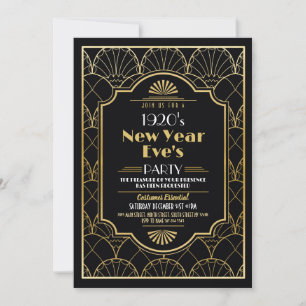 Invitation 1920 New Year Party Art déco Black Gold