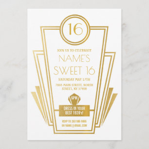 Invitation 1920 Sweet 16 Anniversaire Art Déco Gatsby Gold