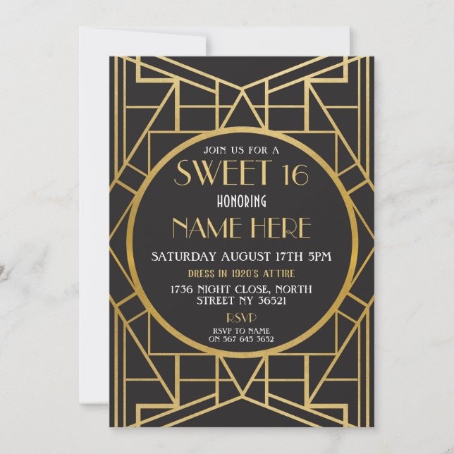 Invitation 1920's Art Déco Birthday Sweet 16 Gatsby Party (Devant)